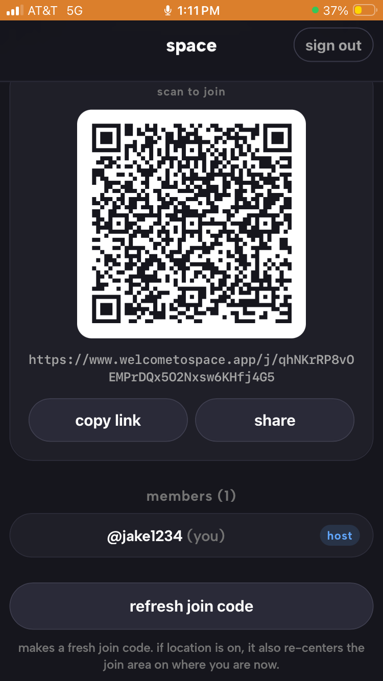 the share screen in space showing a qr code and join link